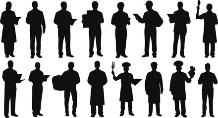 Collection of diverse professional silhouettes in black standing and working isolated on transparent background