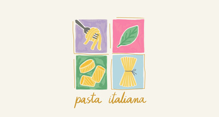 Colorful Italian pasta vector t-shirt design with hand-drawn noodles, herbs, and vibrant squares. 
Perfect for food lovers, chefs, kitchen decor, and culinary-themed artwork.