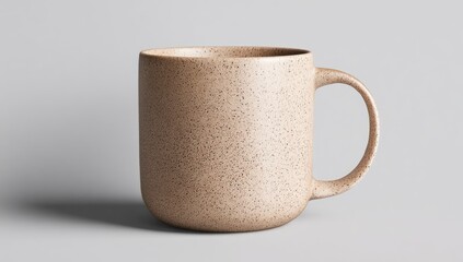 A speckled, light beige ceramic mug with a slightly rounded cylindrical body and a sturdy C-shaped handle, casts a subtle shadow on a neutral gray background