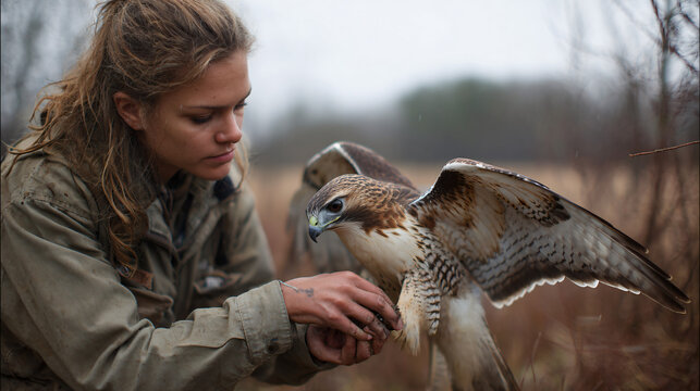 Young woman gently holding a hawk in an outdoor setting, showcasing expert falconry and a bond between human and bird of prey.