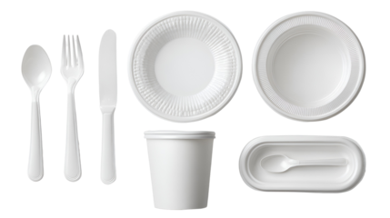 White disposable tableware set plates bowls cutlery cup