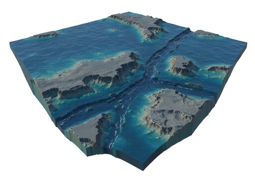 Detailed isometric view of a deep ocean trench and underwater mountain ranges isolated on transparent background
