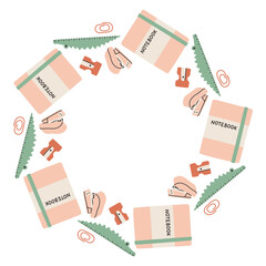 Simple school circle frame. Round school themed border made of different school objects. Soft pastel colors back to school hand drawn vector banner isolated on white background.