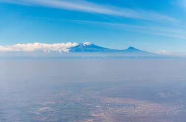 Aerial view of Mount Kilimanjaro, as seen enroute from Arusha, Tanzania, to Zanzibar.