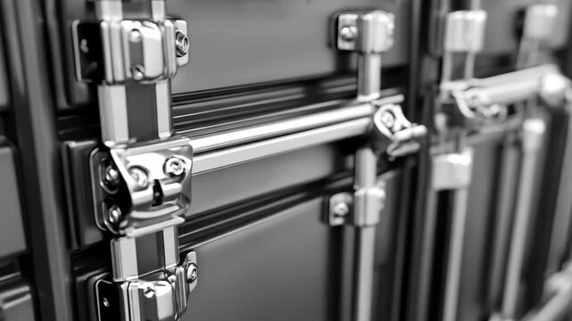 Metal case detail with chrome latches, bolts, and linear texture