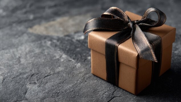 A small, square, kraft paper gift box adorned with a black ribbon featuring subtle gold accents sits on a dark gray stone surface