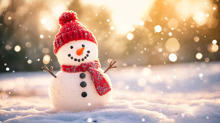 Cheerful Snowman with Red Hat and Scarf in Golden Sunlight and Falling Snow ,  A delightful and cheerful snowman wearing a red knitted hat and scarf, sitting in fresh snow. 