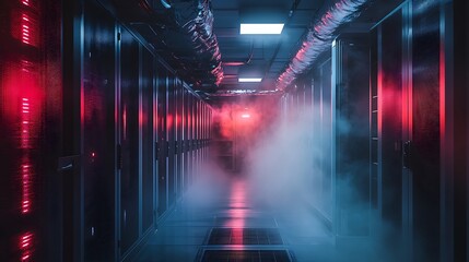 Naklejka premium Server Room Data Center with Fog and Red Lights