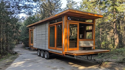 Dreamy tiny house living in the forest, showcasing a modern eco-friendly design with concrete and wood accents, perfect for sustainable living and minimalist lifestyle inspiration