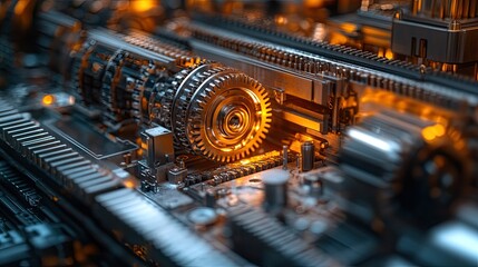 Explore the intricate beauty of a motherboard with gears, offering a glimpse into advanced engineering, innovation, and dynamic technology for your next project