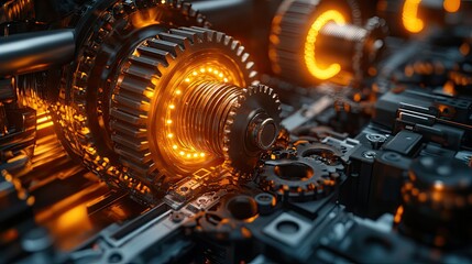 Stunning close-up of intricate gears and cogs with glowing elements evokes themes of engineering, innovation, and mechanical precision for your next visionary project