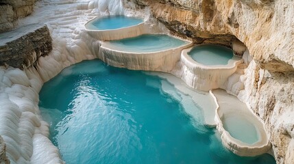 Discover stunning turquoise thermal pools cascading down pristine white terraces, perfect for travel inspiration, wellness retreats, or highlighting natural beauty destinations
