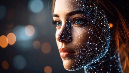 A woman's face is overlaid with a glowing network of interconnected dots, suggesting technology, artificial intelligence, or a futuristic concept.