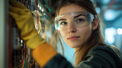 Confident and skilled female electrician repairing electrical panel with safety glasses and gloves, showcasing dedication and expertise in modern industrial setting