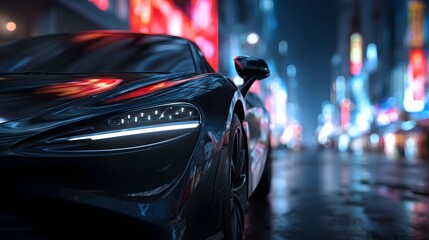 Fototapeta premium Sleek black sports car in a city at night.