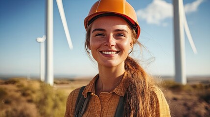 Smiling wind turbine technician in hard hat overseeing renewable energy project with blue skies, showcasing sustainable engineering and women in STEM careers