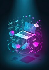 Fototapeta premium Modern digital network with futuristic laptop and mobile technology isometric