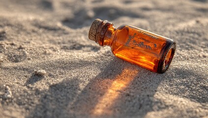 Amber glass bottle with cork stopper lies on sunlit sand, casting a shadow; possibly containing a message