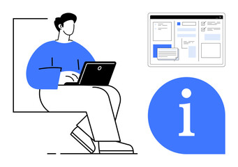 Individual using laptop for online research, accompanied by website interface and info icon. Ideal for education, technology, digital research, user guides, learning, online services, simple flat