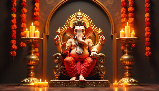 Majestic Lord Ganesha idol in a beautifully lit temple with an intricate backdrop.