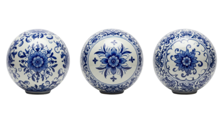 Set of traditional blue and white porcelain spheres with floral patterns isolated PNG with Transparent Background