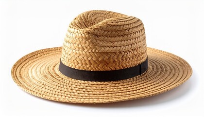 Light beige straw fedora hat with black ribbon band, isolated on white background.