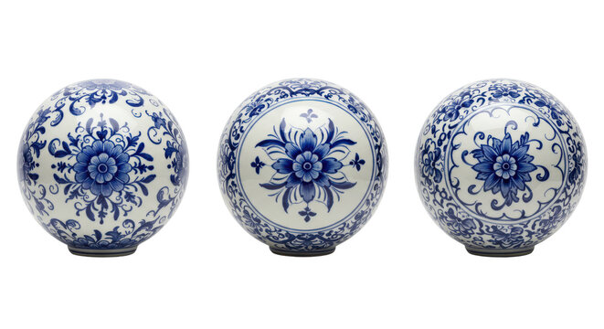 Set of traditional blue and white porcelain spheres with floral patterns isolated PNG with Transparent Background