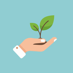 Flat design illustration of a cupped hand with a white cuff holding a small green plant sprout.
