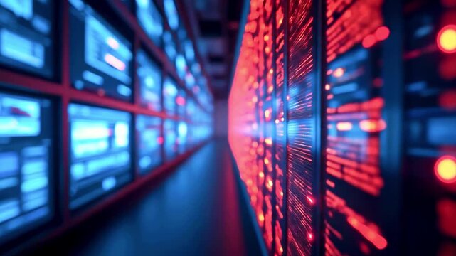Futuristic data center with glowing servers and vibrant lights creating a high-tech atmosphere