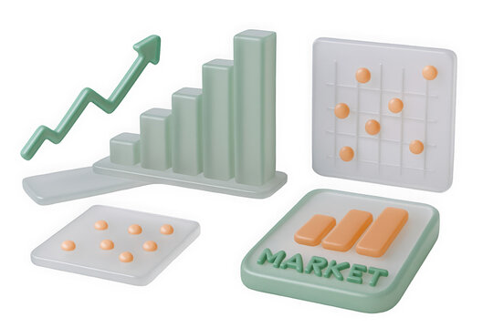 A modern, minimalist design featuring green and orange market graphs and statistics visually representing growth and analysis.