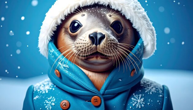 A captivating portrait of an adorable seal wearing a winter coat in a snowy setting
