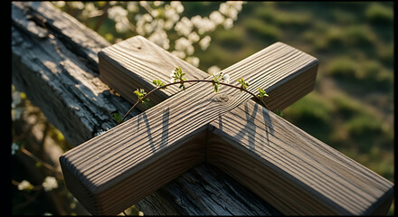 Obraz premium A symbol of faith and resurrection, a wooden cross adorned with a fresh green sprig in the warm glow of springtime.