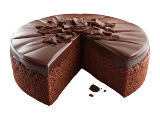 Indulge in this decadent chocolate cake, perfectly sliced and topped with rich chocolate shavings for an irresistible dessert experience.