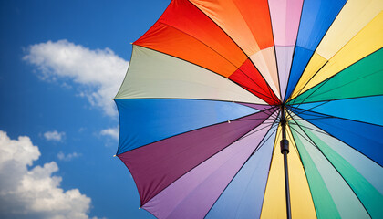 Obraz premium a vibrant, colorful rainbow umbrella open against a bright blue summer sky with white clouds