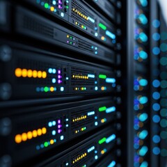 Fototapeta premium Data center servers array showcases advanced networking infrastructure setup