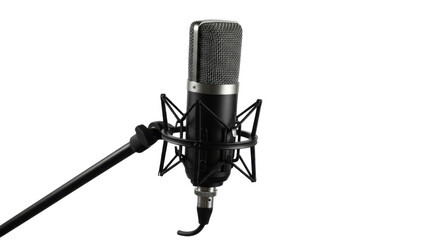 Professional studio condenser microphone on a stand for audio recording isolated PNG with Transparent Background