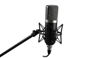 Professional studio condenser microphone on a stand for audio recording isolated PNG with Transparent Background