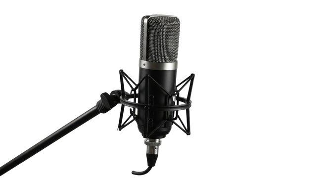 Professional studio condenser microphone on a stand for audio recording isolated PNG with Transparent Background