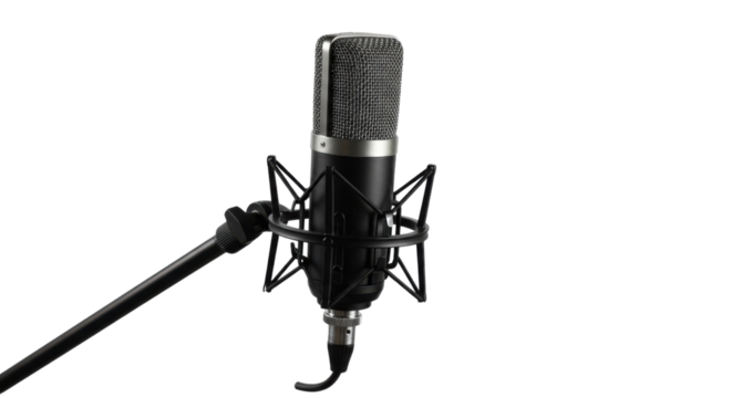 Professional studio condenser microphone on a stand for audio recording isolated PNG with Transparent Background