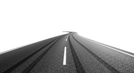 Curving asphalt road with black tire skid marks isolated PNG with Transparent Background