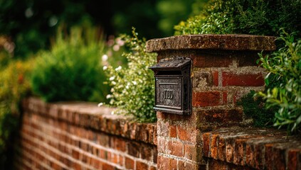 A dark metal mailbox affixed to a weathered brick pillar, nestled within a lush, green garden bordering a low brick wall