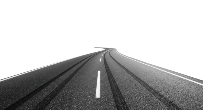 Curving asphalt road with black tire skid marks isolated PNG with Transparent Background