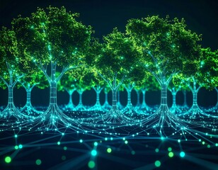 Dynamic Virtual Forest: Fast-Growing Glowing Trees & Interconnected Roots. Digital Nature, Data Ecosystem & Sustainable Tech