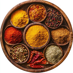 Fototapeta premium Assortment of colorful spices in wooden bowls on a round tray spice assortment spice collection