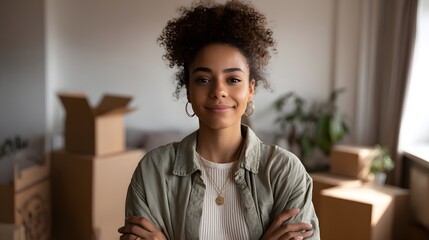 Smiling young woman in a new home.