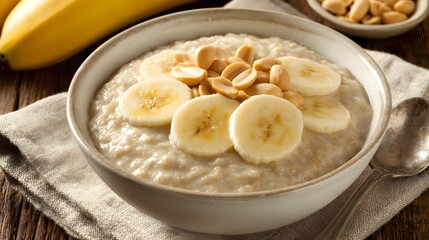 Oatmeal topped with sliced bananas and peanuts.