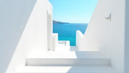 White architecture framing turquoise sea view with island in the distance on a sunny day in greece