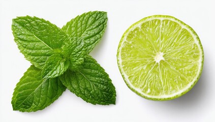 Fresh mint sprig and lime half, vibrant green, isolated on white background; overhead shot
