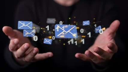 Hands holding digital emails, binary code background, online communication - Powered by Adobe