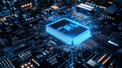 Fototapeta premium High-Tech Microchip on Circuit Board with Blue Light Glow
